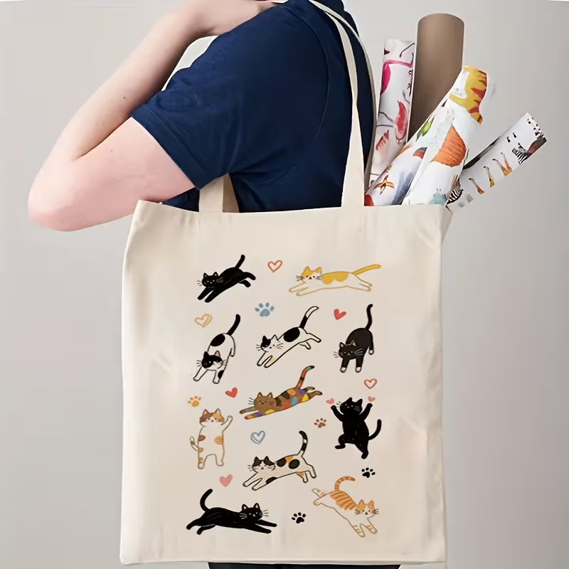 Canvas Tote Designer - Women's Cute Cat Print Tote Bag-